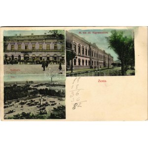 1910 Zenta, Senta; Eugen Herceg szálloda, M. kir. állami főgimnázium, Fő tér, piac, Bercel Leo üzlete / hotel, school...