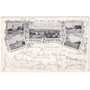 1902 Zurány, Zarándfalva, Zurndorf; Római katolikus templom, Dinamitgyár, látkép, Evangélikus templom, Fő utca...