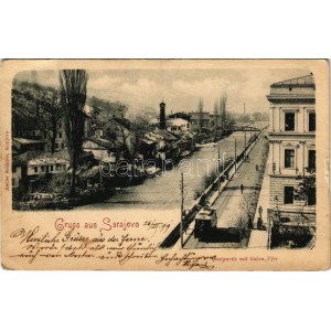 1899 (Vorläufer) Sarajevo, Quaipartie mit linken Ufer. Atelier Schädler / quay, tram (EB)