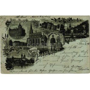 1898 (Vorläufer) Plzen, Pilsen; K. K. Postamt, Ringplatz, Turnhalle, Kopecky Promenade, Isr. Tempel / post office...