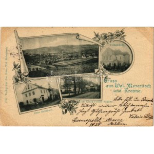 1899 (Vorläufer) Valasské Mezirící, Wallachisch Meseritsch; Volksschule, Krasna, Altes Rathhaus, Fräftl. Kinsky...