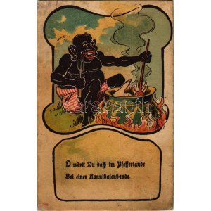 1909 Fekete kannibál főzi a fehér-ember ebédet / Black cannibal cooking the white-men lunch. Art Nouveau, humour litho ...