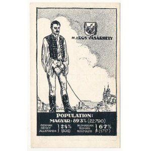 Marosvásárhely, Targu Mures; Magyar, német és román (oláh) nemzetiségek népesség aránya. Címer, Pátria rt. kiadása ...