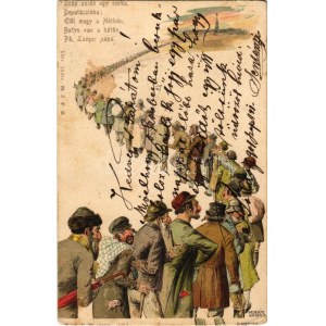 1901 Száz zsidó egy sorba Deputáczióba... / Jewish people humour. Judaica, M. J. F. B. litho s: Hegedűs Geiger (EK...
