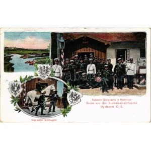 1911 Myslowice, Myslowitz O.-S.; Gruss von der Dreikaiserreichsecke, Russische Grenzwache in Modrzejow...