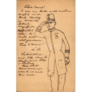1908 Kézzel rajzolt magyar katonai művészlap. Hager Emil cs. és kir. főhadnagynak címezve / Hungarian hand...