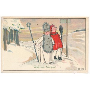 1923 Krampusz és Mikulás gyerekek / Krampus and Saint Nicholas as children. Nr. 22-214. litho s: Anny Tekauz ...