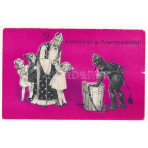 1933 Üdvözlet a Krampusztól! Mikulás és gyerekek / Saint Nicholas, Krampus and children. B & R 8995. (kis szakadás ...