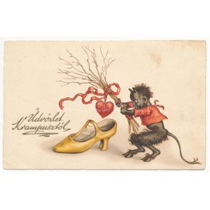 1930 Üdvözlet a Krampusztól! / Krampus. litho (szakadás / tear)
