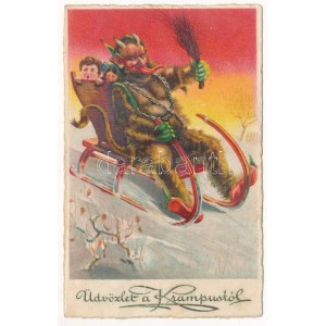 Üdvözlet a Krampusztól! szánkón / Krampus greeting, sledding. Cellaro litho (fl)