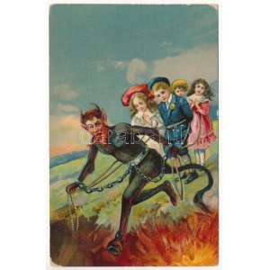 Krampusz megkötözött gyerekekkel / Krampus with tied up children. EAS litho (EB)