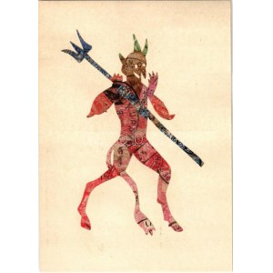 Krampusz. Bélyegekből kivágott és összeragasztott képeslap. Budai nyomda / Krampus...
