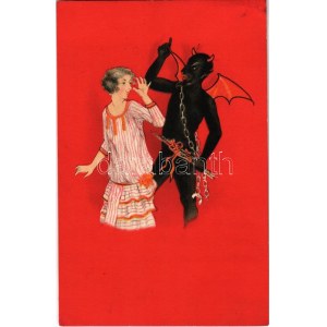 1920 Krampusz és hölgy / Krampus and lady. Special S.B. 7102. litho