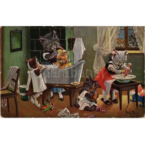 1924 Macska fürdetés / Cats bathing. T.S.N. Serie 1727. (6. Dess) s: Arthur Thiele