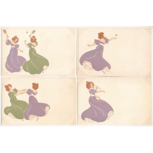 6 db régi szecessziós művészlap hölgyekkel kiváló minőségben / 6 pre-1945 art postcards, ladies playing tennis, dancing...