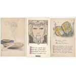 TETTEY EMIL (1885-1963) - 19 db eredeti saját kézzel rajzolt és megírt művész képeslap / 19 pre-1945 original hand...