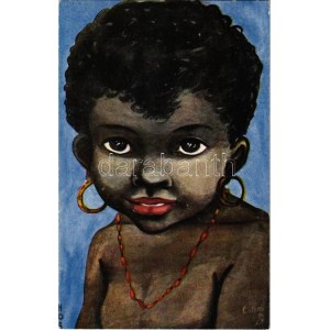 Fekete kislány / Black girl. Raphael Tuck & Sons Oilette Curly Coons 9093.