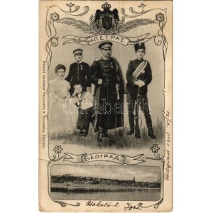 1904 I. Péter szerb király és családja. Szecessziós montázs Belgrád látképével / Peter I of Serbia and his family...
