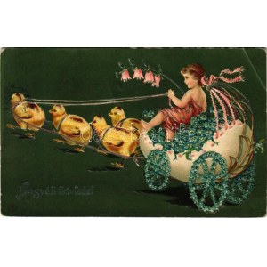 1909 Húsvéti üdvözlet, tojás szekér. Dombornyomott litho / Easter greeting, egg cart. Embossed litho (EK...