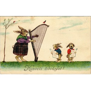 Húsvéti üdvözlet, hárfán játszó nyuszi / Easter greeting, rabbit playing on the harp. EAS 5117. lirtho (EK...