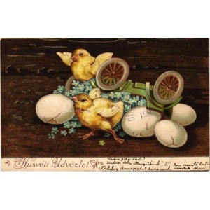 Húsvéti üdvözlet, csirkék. Dombornyomott litho / Easter greeting, chicken. Embossed litho