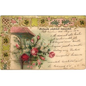 1902 Kellemes Pünkösdi ünnepeket. Dombornyomott csipkehatású litho / Pentecost greeting, embossed lace...