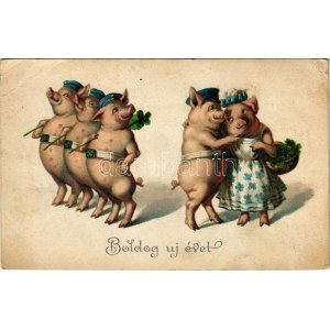 Boldog új évet! Malacok / New Year greeting, pigs. M.B.N. litho (EB)