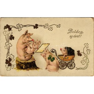 1916 Boldog új évet! Malac család / New Year greeting, pig family. Art Nouveau, floral, litho (fa...