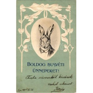 1905 Boldog húsvéti ünnepeket! Szecessziós dombornyomott nyúl úr / Easter greeting. Art Nouveau embossed Mr...