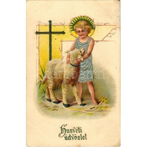 Húsvéti üdvözlet, bárányka. Dombornyomott litho / Easter greeting, lamb. Embossed litho (EK)