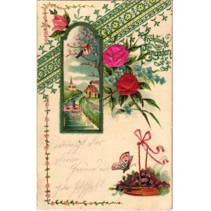 Fröhliche Pfingsten / Pünkösdi dombornyomott litho üdvözlőlap, selyemlap ...