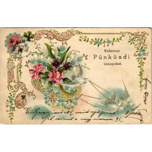 1902 Kellemes Pünkösdi ünnepeket. Dombornyomott csipkehatású litho / Pentecost greeting, embossed lace...