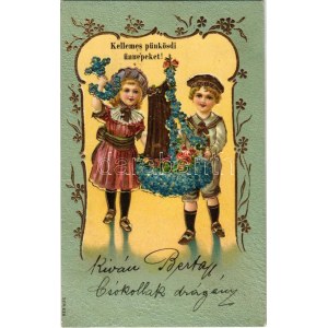 1907 Kellemes Pünkösdi ünnepeket. Dombornyomott litho / Pentecost greeting, embossed floral litho (fl...