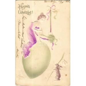 1903 Húsvéti üdvözlet, szecessziós dombornyomott hölgy tojáson, nyuszi / Easter greeting, Art Nouveau embossed...