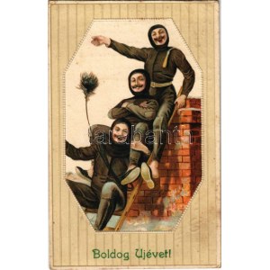 1916 Boldog újévet! Kéményseprők / New Year greeting, chimney sweepers. litho (EK)