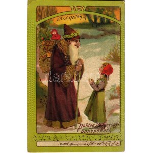 1908 Boldog karácsonyi ünnepeket! Mikulás - szecessziós dombornyomott litho / Saint Nicholas. Art Nouveau...