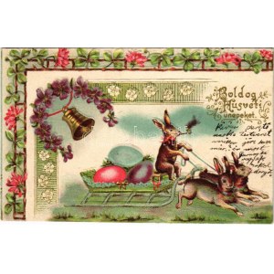 1902 Boldog húsvéti ünnepeket! Nyuszi szán. Dombornyomott litho / Easter greeting, rabbit sled. Embossed, floral...