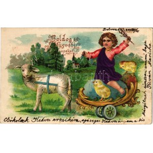 1904 Boldog húsvéti ünnepeket! Bárány szekér, dombornyomott selyemlap / Easter...
