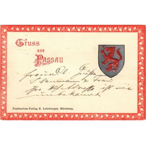 1899 (Vorläufer) Gruss aus Passau. Postkarten Verlag B. Lehrburger / Dombornyomott címer ...