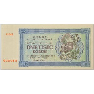 Csehszlovákia 1945. 2000K SPECIMEN perforációval, 19 Má 038088 T:XF / Czechoslovakia 1945. 2000 Korun with ...