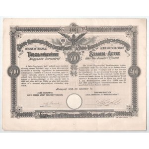 Budapest 1898. Zsibó-Nagybányai Helyi-Érdekű Vasut Részvénytársaság törzsrészvénye 400K-ról szárazpecséttel...
