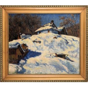 Krizsán János (1866-1948): Nagybánya télen. Olaj, vászon. Jelezve jobbra lent. Dekoratív fakeretben. 60x70 cm...