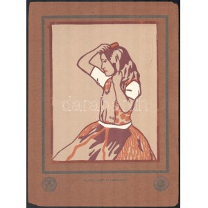 Glatz Oszkár (1872-1958): Parasztleány. Színes linómetszet, papír. Megjelent 1911-ben, a Modern Magyar Magyar Képtár c...