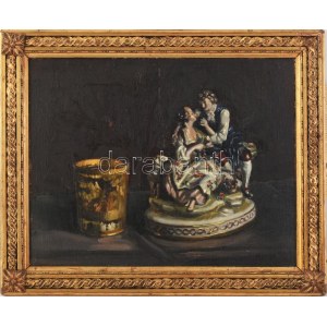 Münich Mikes Ödön (1878-?), nagyváradi festő, 1896-1904 között Nagybányán tanult: Csendélet porcelán figurával. Olaj...