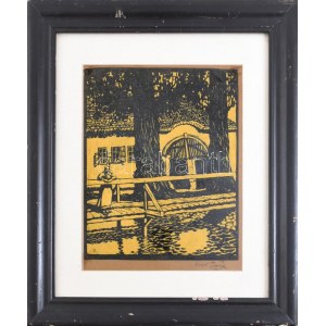 Tipary Dezső (1887-1967): Tatatóvárosi részlet, 1911. Linómetszet, papír, jelzett. 30x25,5 cm. Üvegezett fakeretben...