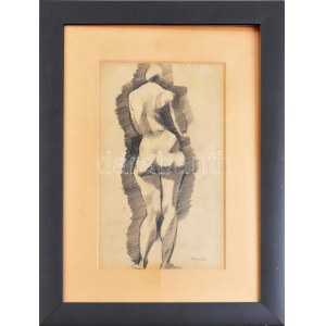 Járitz Józsa (1893-1986): Női hátakt. Ceruza, papír, jelzett. 34x20 cm. Üvegezett fakeretben. / pencil on paper, signed...