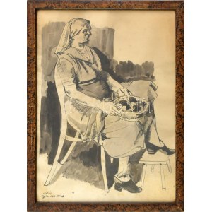 Kohán György (1910-1966): Nő tállal. Ceruza, tus, papír, jelzett. Üvegezett fa keretben. 42x30 cm. ...
