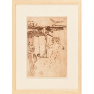 Tichy Gyula (1879-1920): Boszorkány és női akt (szecessziós jelenet). Rézkarc, papír, jelzés nélkül, 24x17,5 cm...