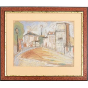 Diener-Dénes Rudolf (1889-1956): Francia város sétálókkal. Pasztell, papír, jelezve jobbra lent. Üvegezett fakeretben...