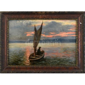 Wolff Károly (1869-1946): Vitorlás a Balatonon. Olaj, vászon. Jelzett. Kopott fa keretben 24x34 cm ...
